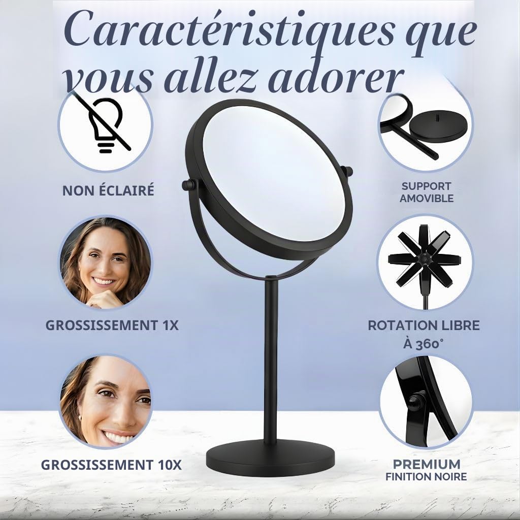Mirrorvana Miroir de Maquillage grossissant 10x sur Pied pour Chambre et Salle de Bain Double Face 10x/1x 35 cm x 18 cm (Noir)