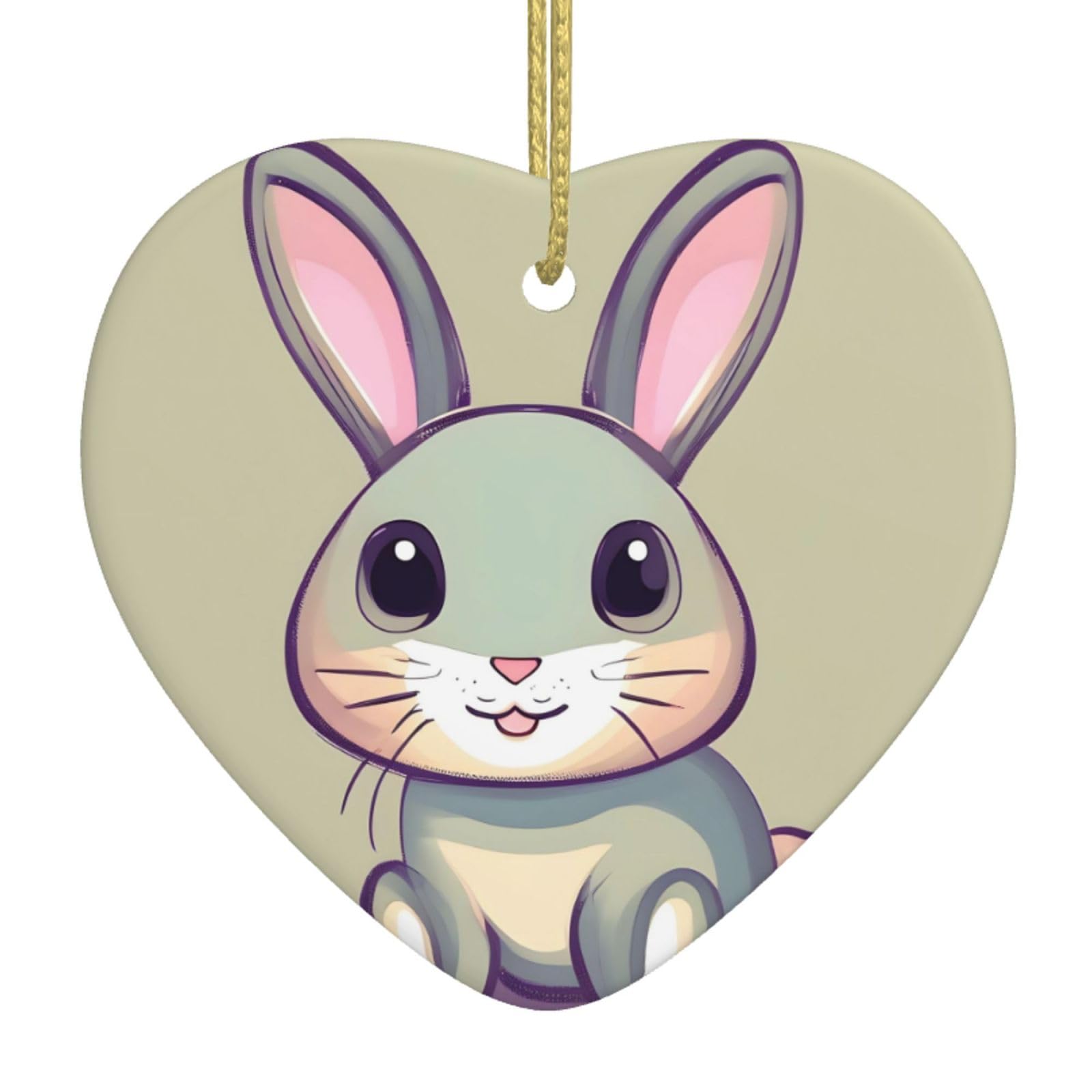 Cute Little Bunny Ceramic Christmas Heart Pendant with Silk Thread, Christmas Tree Home Decoration