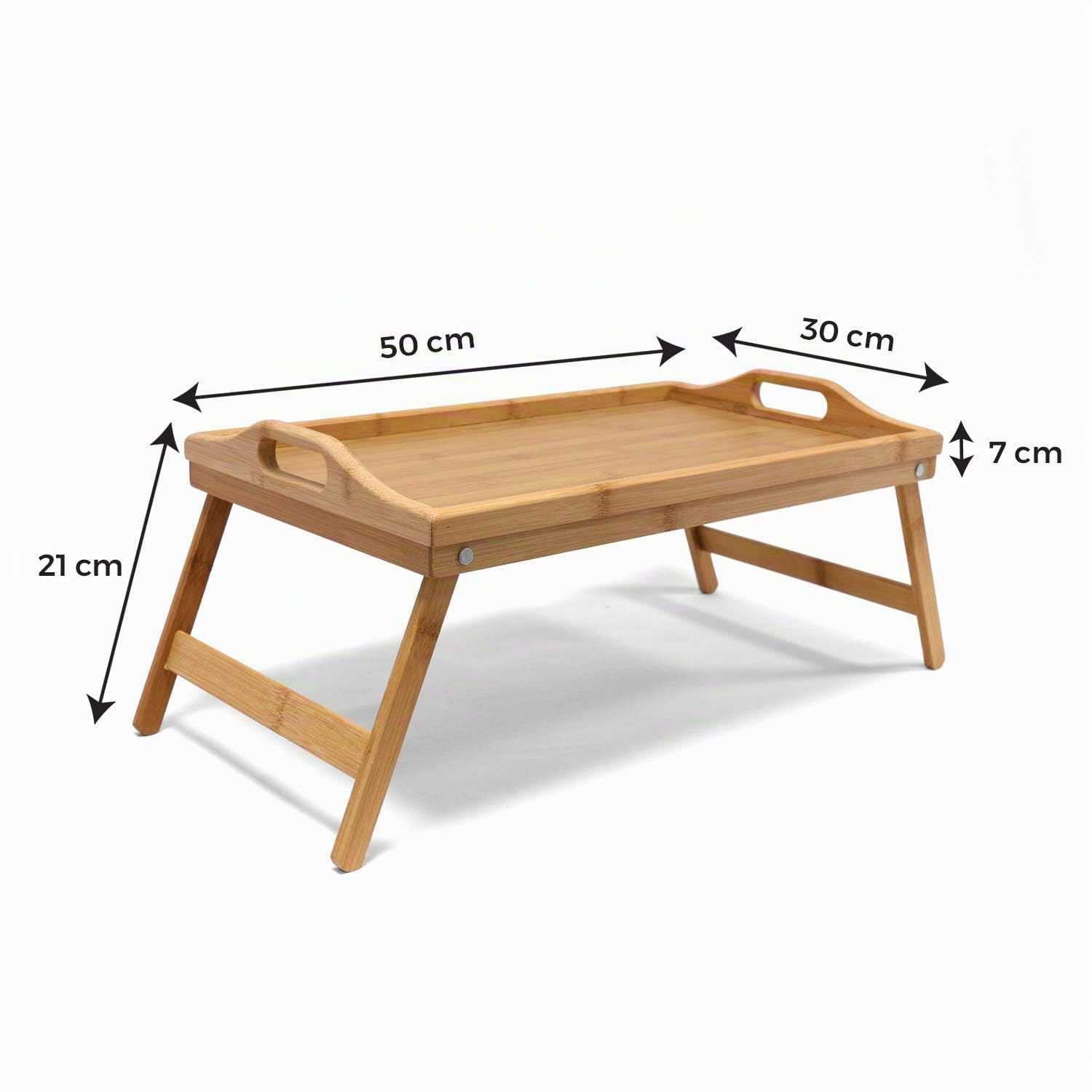 Table de Lit Plateau Petit Déjeuner en Bambou / Tablette de Lit Pliable en Bambou Laqué Bois avec Poignées Modulables - Garantie Excellente Qualité ! Dimensions: LxlxH: 50x30x21cm.