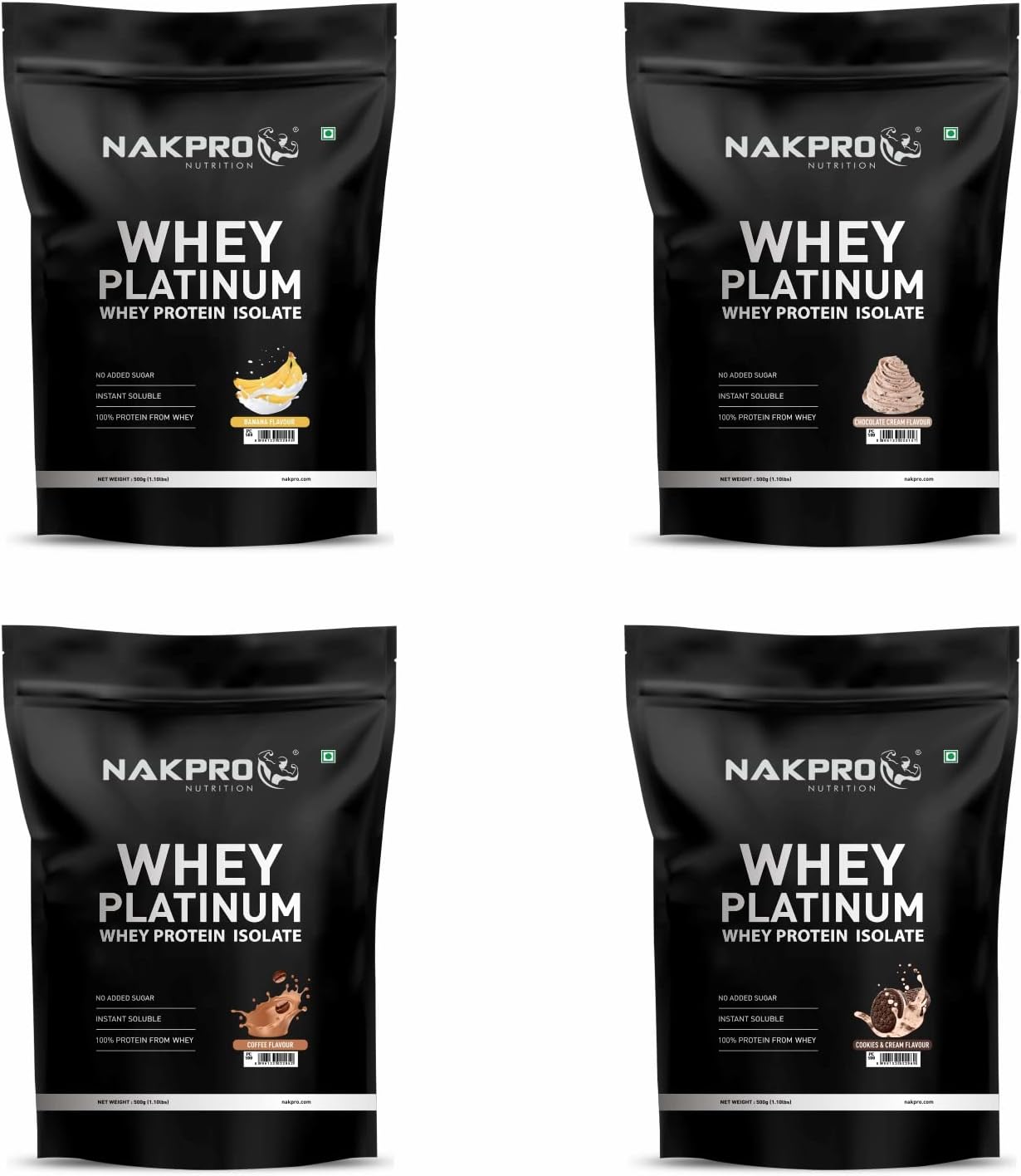NAKPRO PLATINUM 100% Whey Protein Isolate | 28.11g Protein, 6.42g BCAA | Easy Mixing, Low Carbs, Easy Digesting Whey Protein Supplement Powder for Men, Women & Athletes | 2 Kgs (500g*4 Nos) Banana, Coffee, Cookies & Cream, Cream Chocolate Flavour (60 Servings)