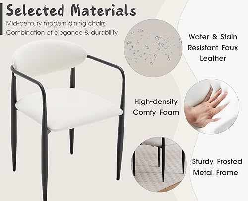 Miniatura 3 de CIMOTA Juego de 2 sillas de comedor modernas de cuero blanco, sillas de comedor con brazo y patas de metal negro, sillas laterales de cocina, silla