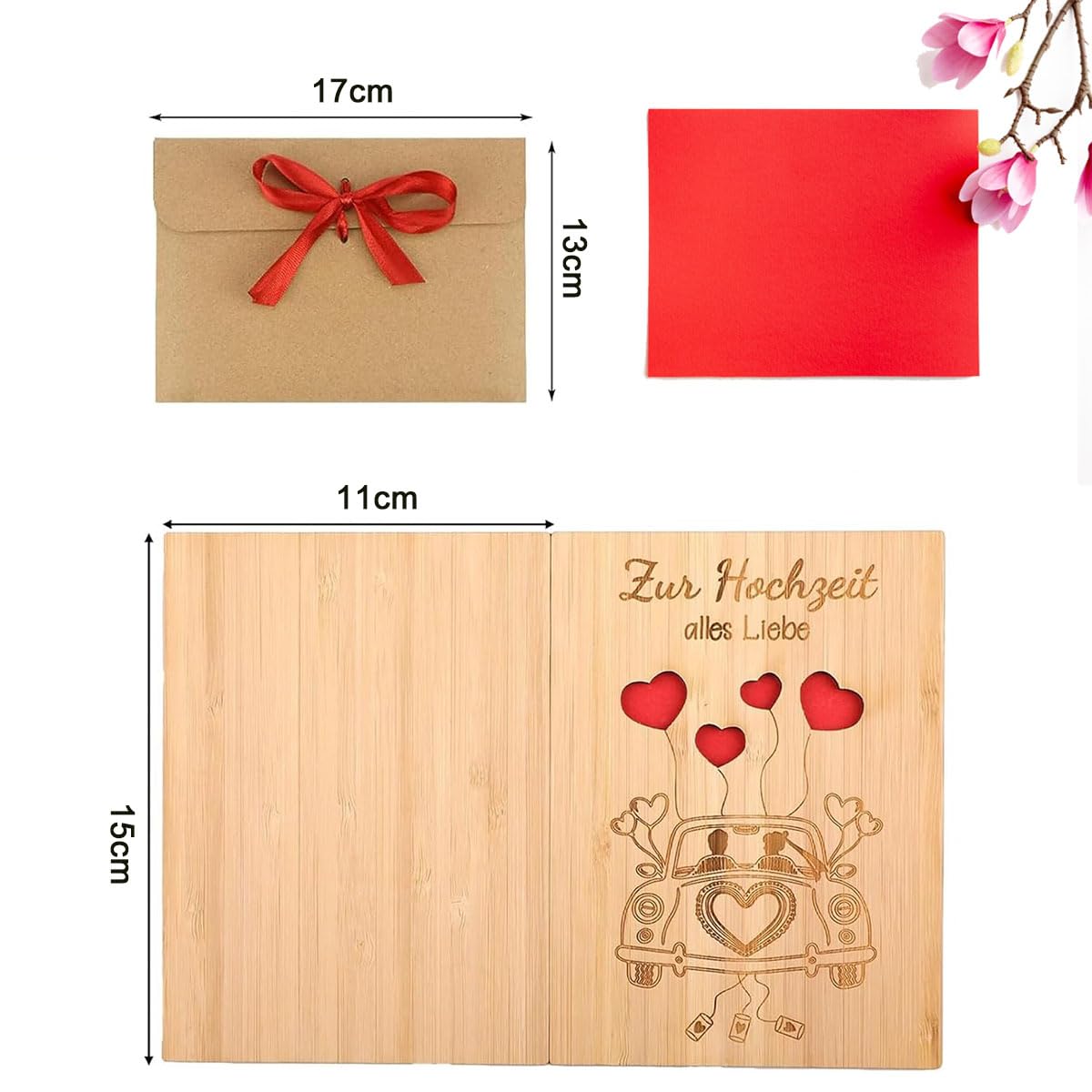 CUEMOON Wooden Wedding Card with Envelope, Wedding Gift Card for Honeymoon Wedding Gifts for Bride and Groom 15 x 11 cm - Image 2