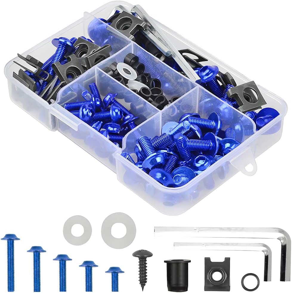 Motorcycle Fairing Bolt Kit, 177pcs M5 M6 Motorcycle Windscreen Screws, Aluminum Fasteners Fairing Bolts Nut Clips Kit, Mounting Kits Washers Nuts Screws Assortment for Sport Bikes (Blue)