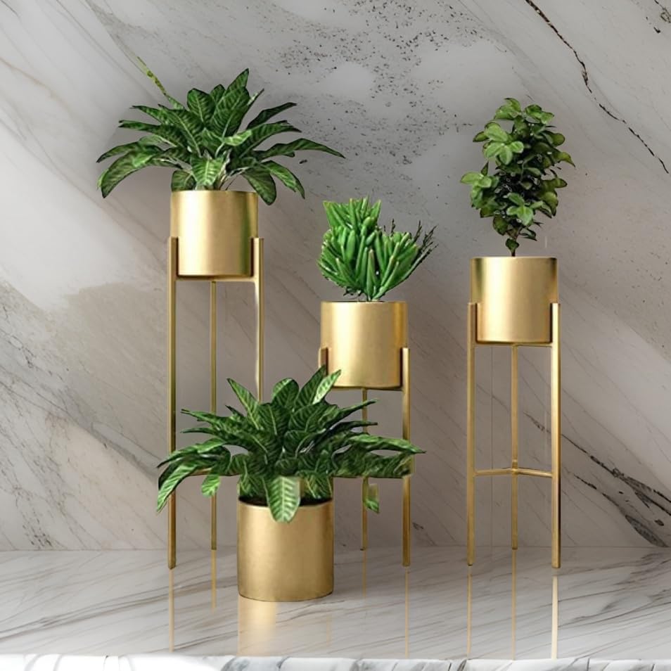 Unique- Iron Floor Flower Planter Stand for Indoor Outdoor Modern Floor Plant Stand for Garden Balcony & Living Room Hotel Resturant Set of 3 (Golden) (B0DFT2318W) Amazon Price History, Amazon Price Tracker