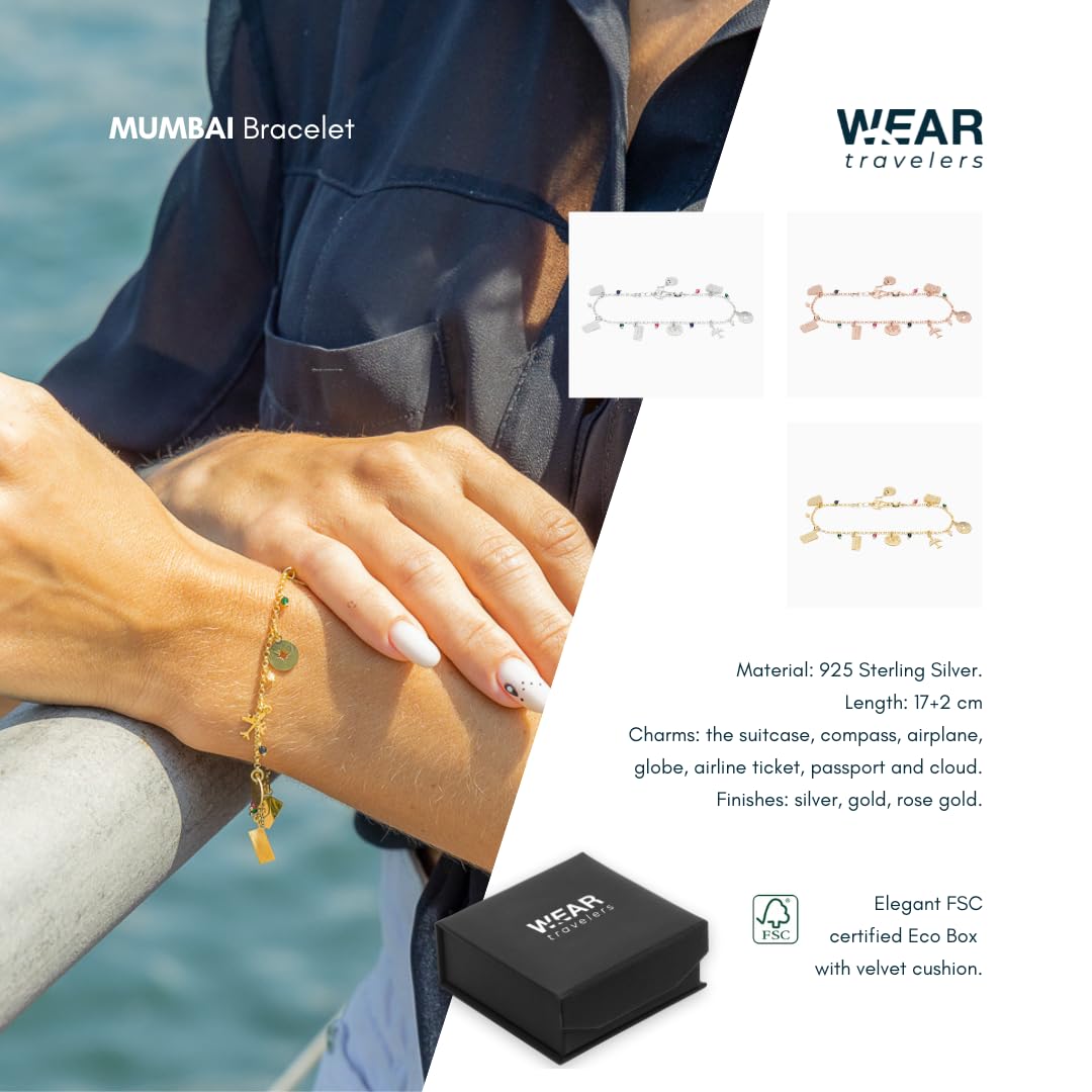 Pulsera temática de Viaje en Plata de Ley 925 con colgantes de maleta, mundo y avión - Idea de Regalo para la Mujer viajera - Made in Italy - Modelo Mumbai