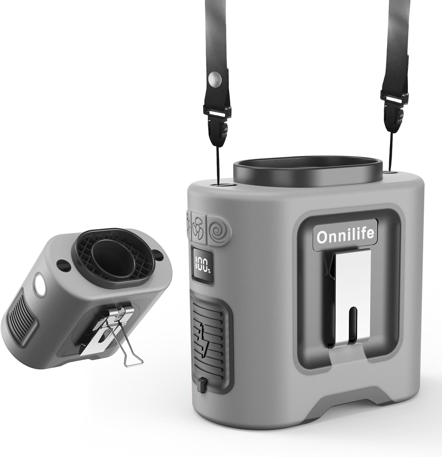 14500mAh Portable Waist Clip Fan, Wearable Belt Personal Fan with Flashlight, Hands Free Hanging Neck Fan with 5 Speeds 14600RPM Strong Airflow for Camping, Outdoor, Jobsite (Gray)