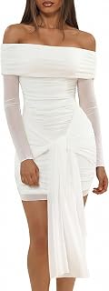 Ophestin Off The Shoulder Dress for Women Long Sleeve Ruched Bodycon Dress
