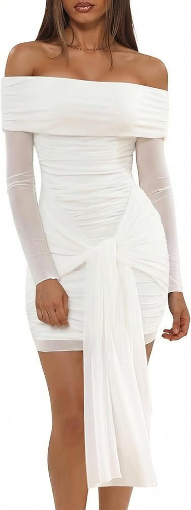 white mesh dress long sleeve Women's Off Shoulder Ruched Bodycon Dress, white, S Fashion backless bridal wedding dress Color:Wood Bri Gold Halter Midi Shoulder Maxi Dress