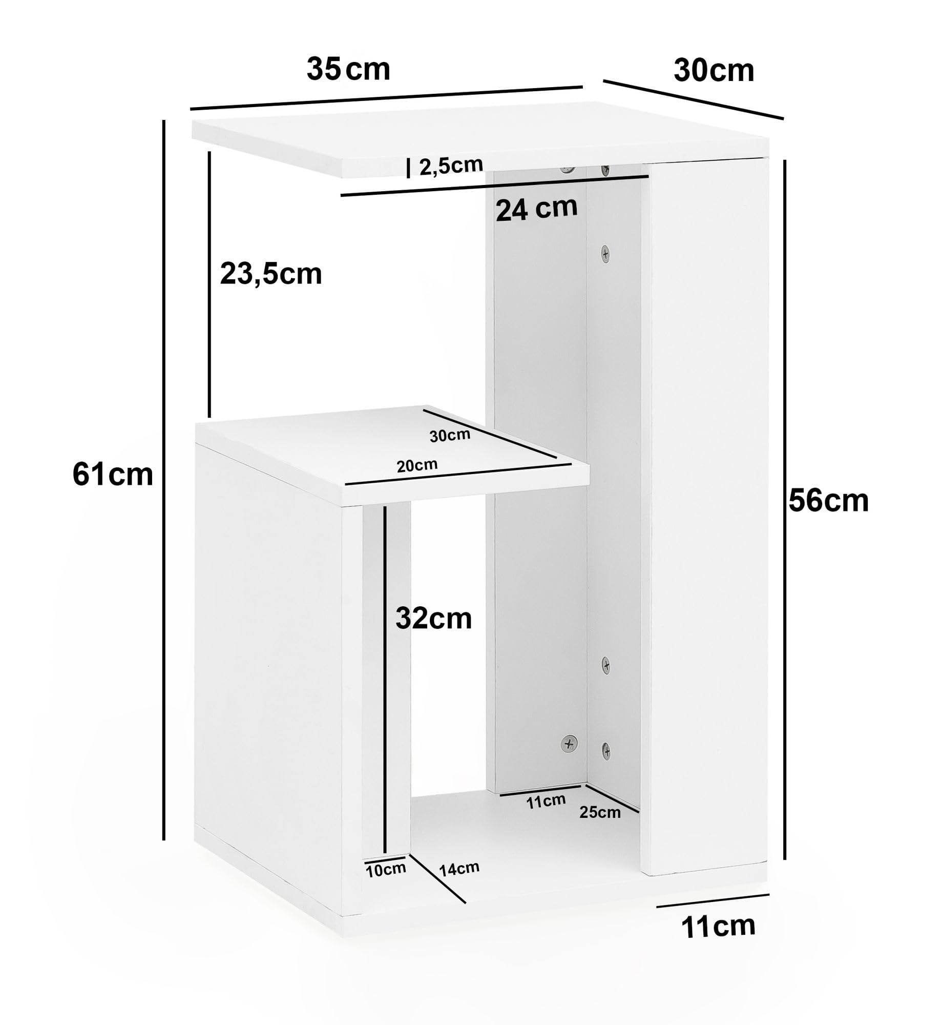 FineBuy Beistelltisch 35x30x61 cm Holz Weiß, Anstelltisch mit 2 Fächern