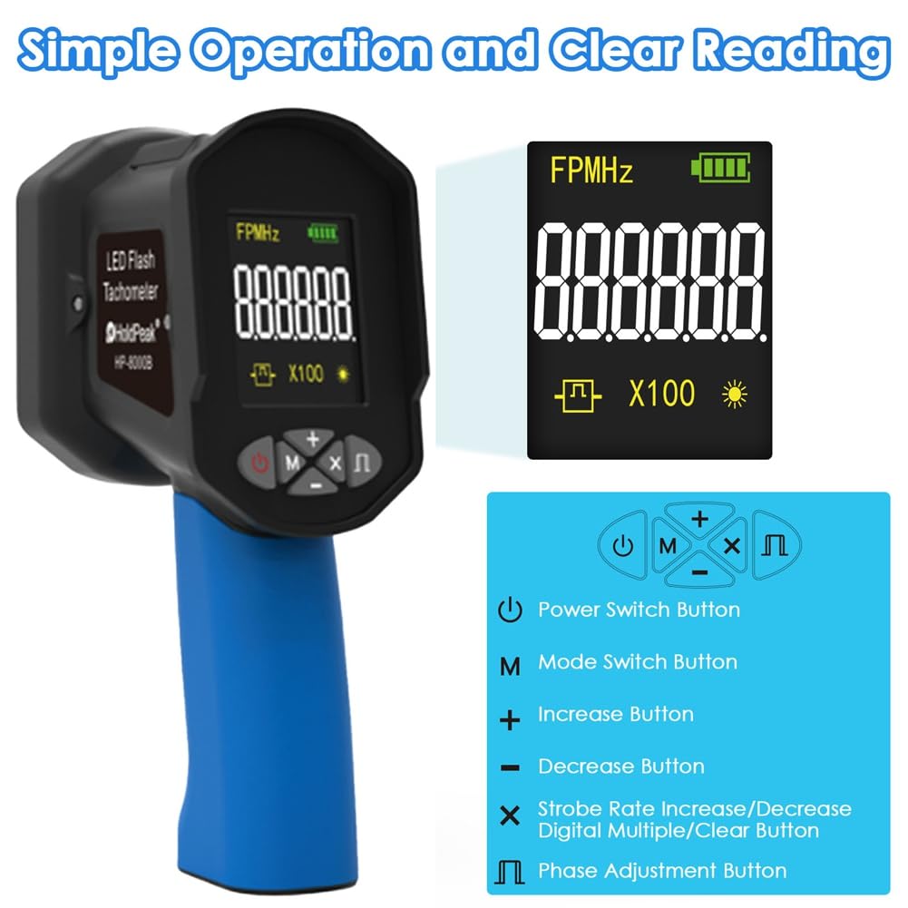 Estroboscopio Digital de Mano de 60 A 99999 FPM, Tacómetro con Luz Estroboscópica Sin Contacto, Alta Precisión, 0,001%, Flash LED, Azul