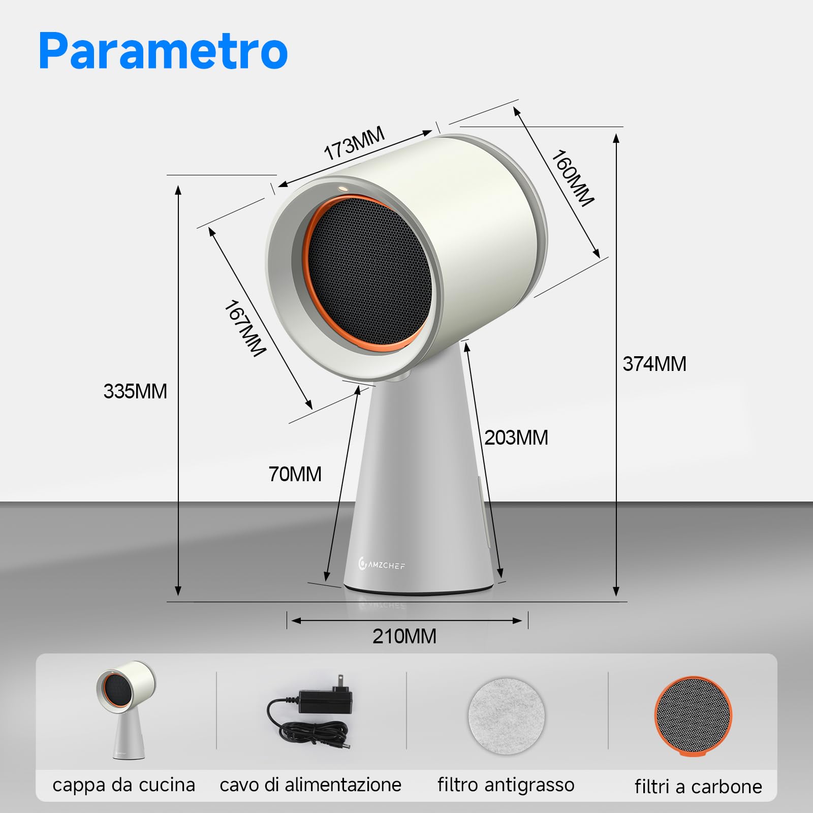 AMZCHEF Cappa Aspirante Portatile,Cappa Cucina con Ventola a 3 Velocità, Luce LED, Bassa Rumorosità, Aspirazione 120m³/h, Ventola da Cucina per Barbecue Indoor, Hot Pot, bianco