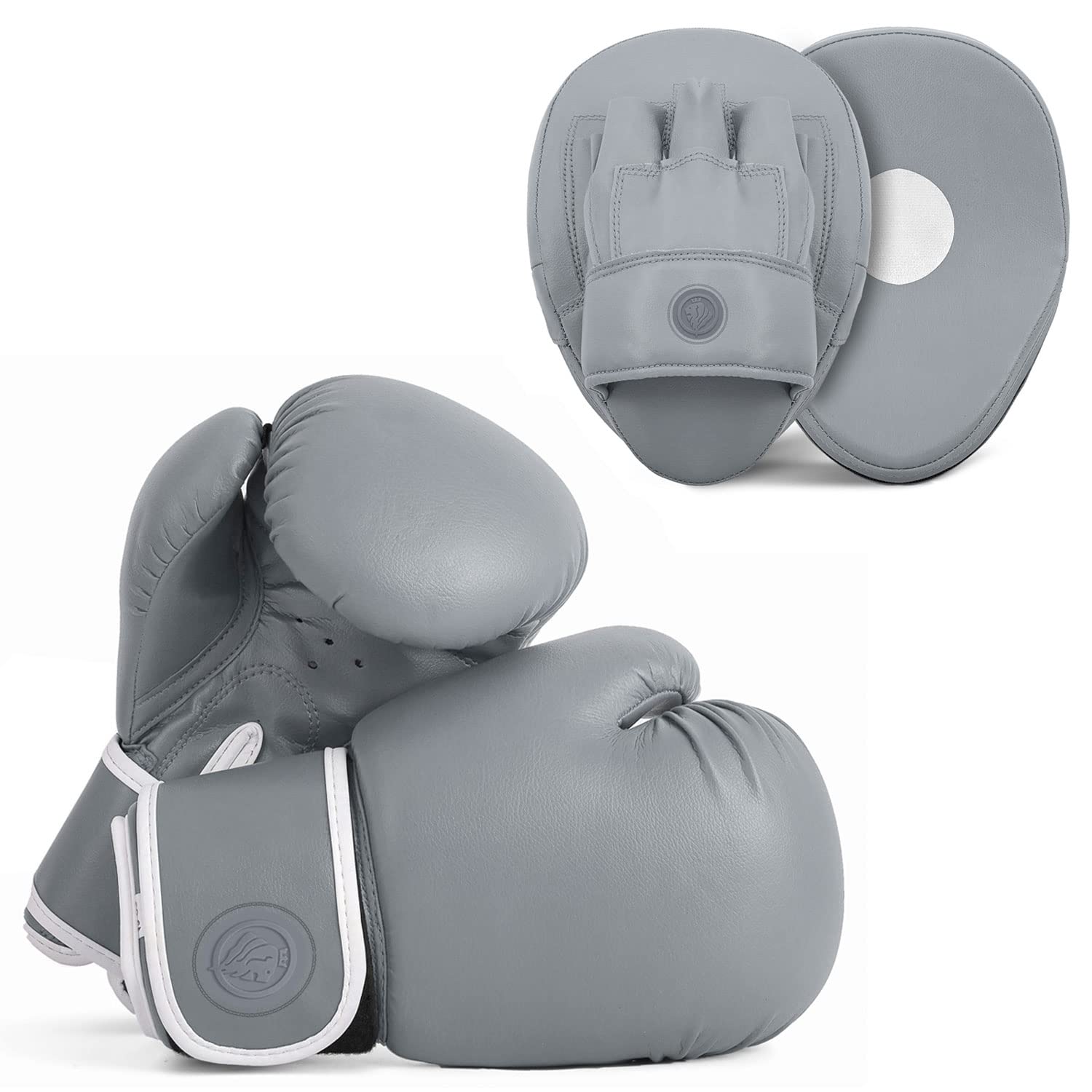 Lions Boxing Gloves and Pads - Hook & Jab Mitts Sparring Gloves Set Mma Punch Bag Training Kit (PLAIN-GREY, 8 oz)