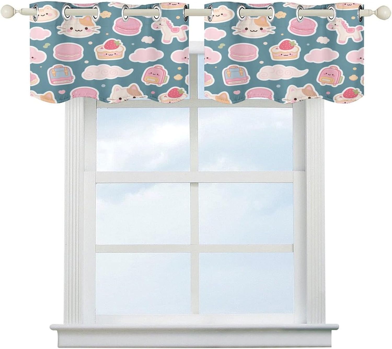 Blue and Pink Cat Dessert Curtain 2 Panels, Polyester Fiber, Blackout Insulated Window Curtain, Curtain Valance for Kitchen Dining Room Living Room Cafe Small Window 52 * 18.1 Inches