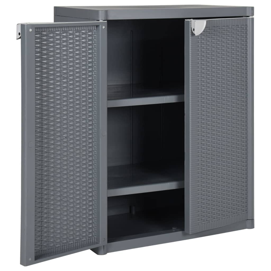 Gartenschrank Grau 65x45x88 cm Kunststoffschrank in Rattan-Optik aus PP mit 2 Ablagen, Beistellschrank für Balkon und Terrasse, Allzweckschrank für Gartenutensilien