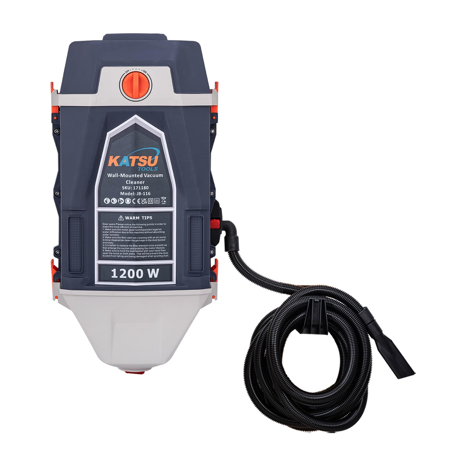 KATSU Tools Wandmontierter Garagenstaubsauger 25 Liter 1200W, Staubabsaugung und Gebläse für Auto und Werkstatt mit 10m Schlauch 171180