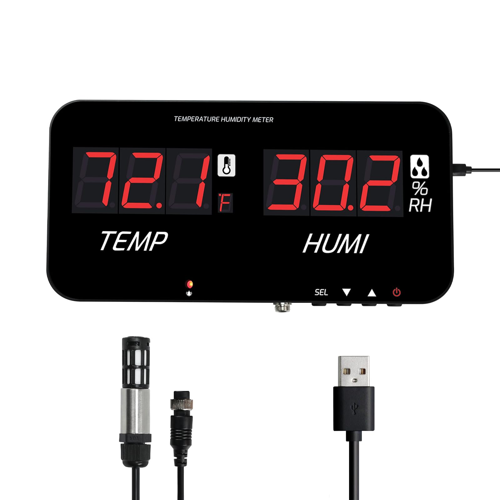 Termometro Igrometro Digitale con Display LED, -20~80°C / 0~100% UR, Precisione ±1°C, Allarmi Personalizzabili (6-120s), Montaggio da Tavolo/Parete/Treppiede, Tipo-C, per Casa, Ufficio, Magazzino