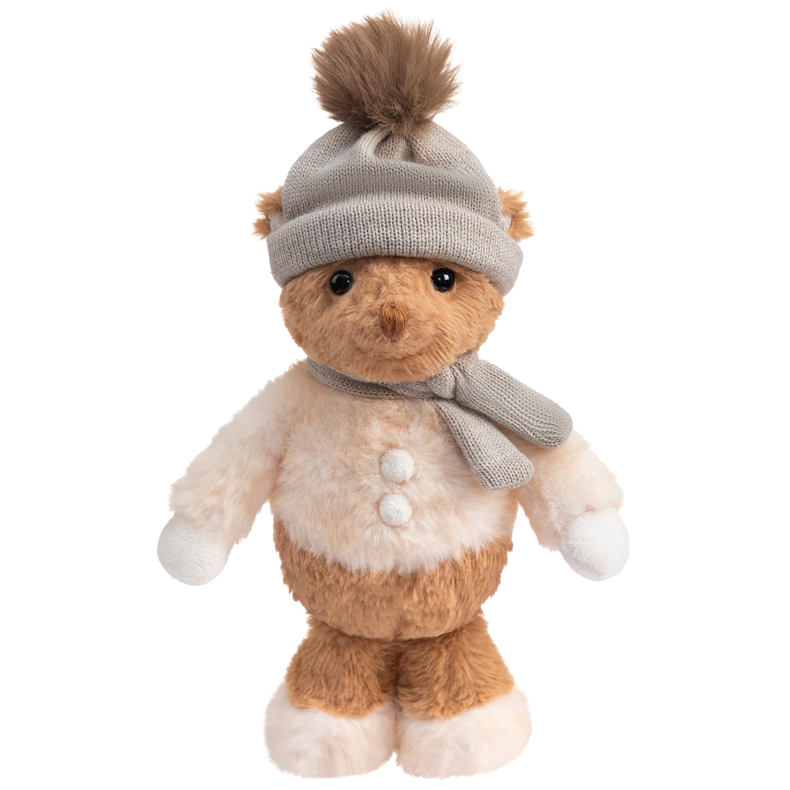 BEJOY Teddybär Weiches Plüschtier mit Grauer Strickmütze Schal, Best Begleiter für Mädchen Kinder Stofftier Teddy Geschenk für alle Anlässe, 33cm Braun Beige