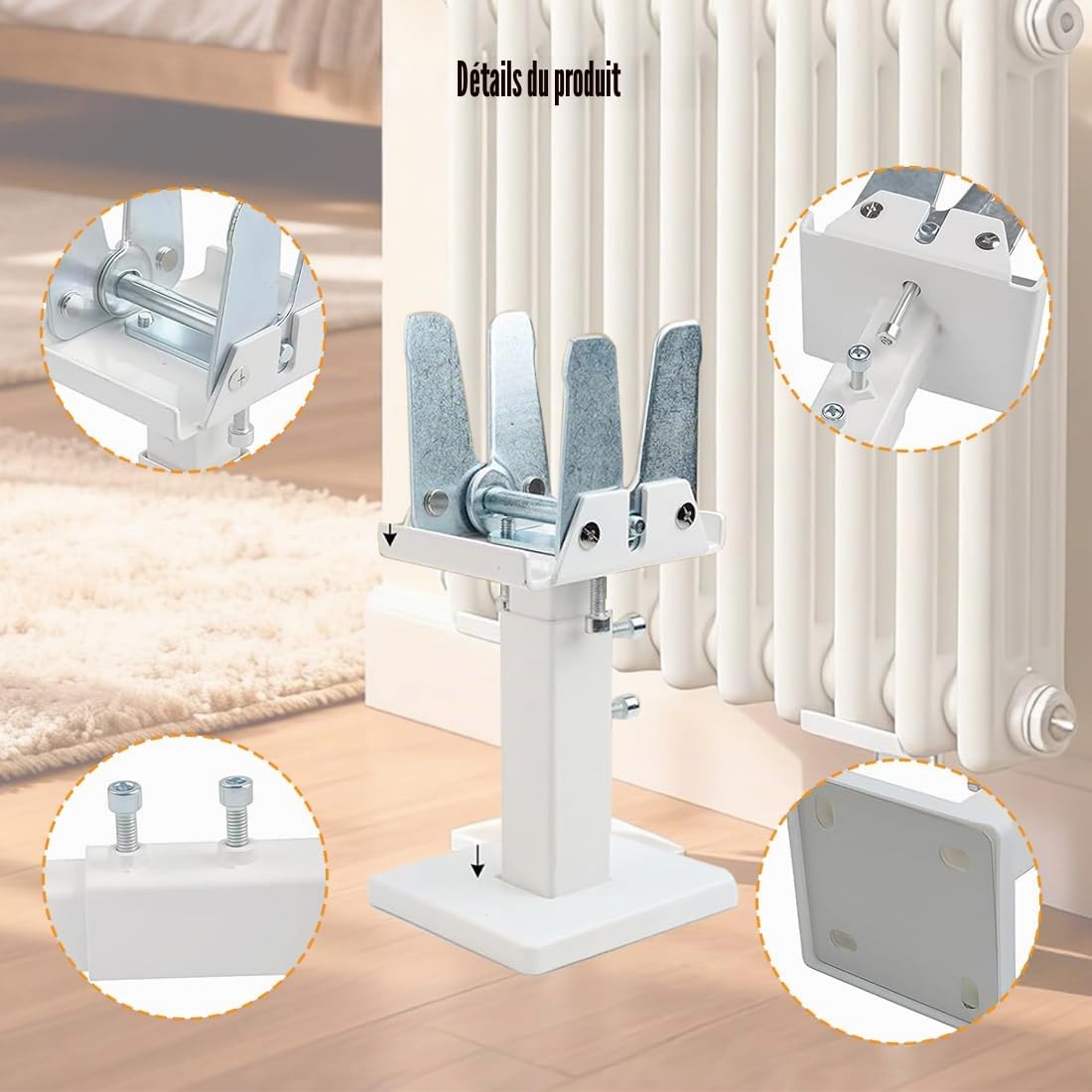 Lot de 2 supports de radiateur - Montage au sol - 14 à 21 cm - En acier réglable - Pieds de radiateur pour radiateurs à panneau - Blanc + argenté