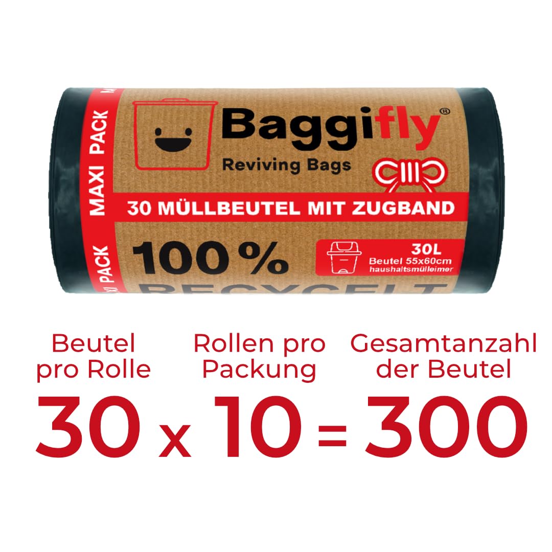 Baggifly, Müllbeutel 30L, 300 Stück, Extra Reißfest, 100% Recycelt, Mit Tragegriffen, Umweltfreundlich, Perfekt für den Haushalt, 10 Rollen à 30 Beutel, In Europa hergestellt