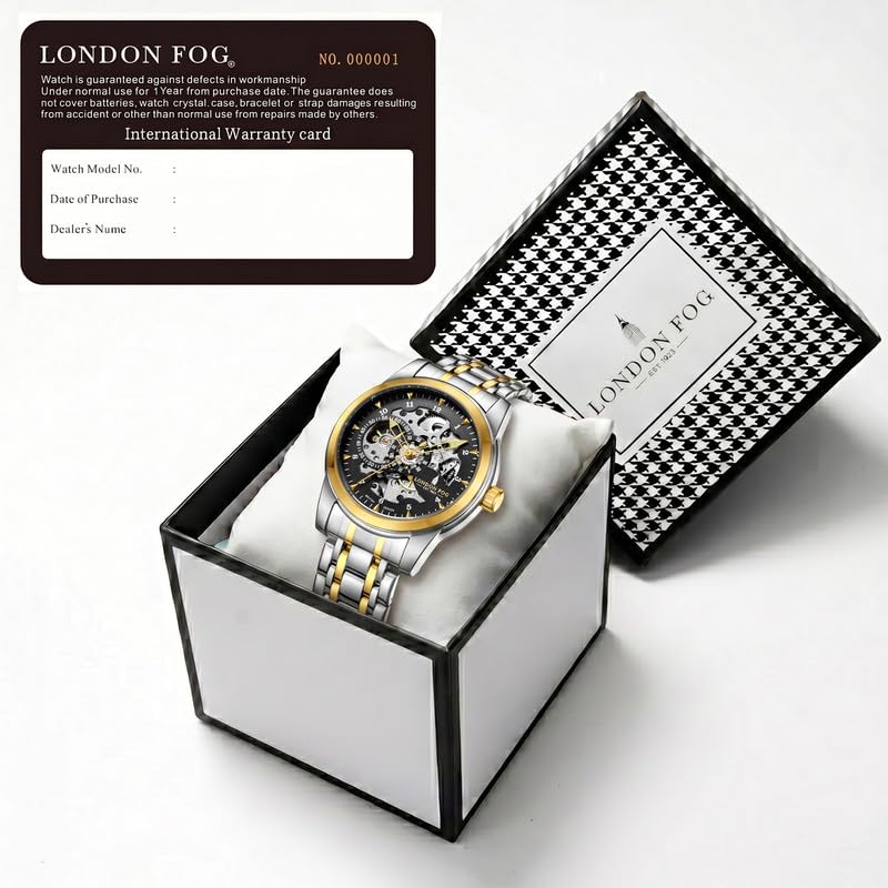 Image of London Fog Richmond Collection Automatic Mechanical Skeleton Watch for Men - Stainless Steel Strap, See-Through Dial, British Design Wristwatch - LFM10024