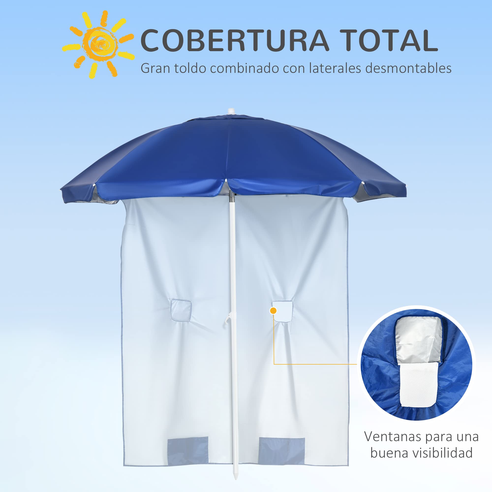 Outsunny Sombrilla de Playa con Panel Lateral Parasol Ø191x211 cm Azul | para Terraza, Manivela Manual, Techo Inclinable, 2 Bolsillos, 2 Ventanas, para Jardín Piscina