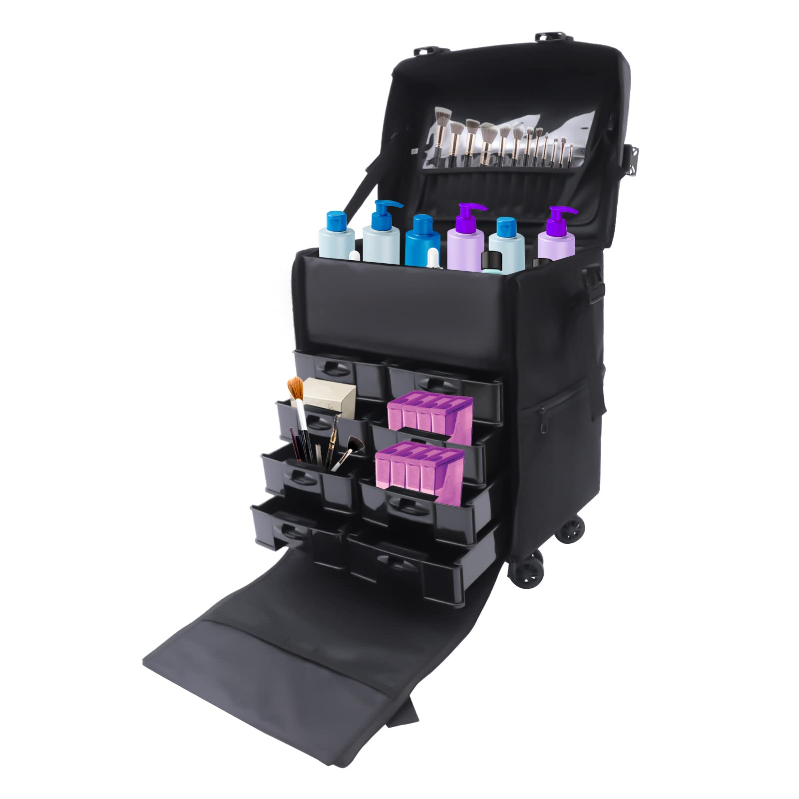 Kosmetikkoffer, Schminkkoffer, Make Up Koffer, 2-in-1 Beauty Station, Tragbar mit Rädern und Griff, Schwarz Nylon,für Make-up, Augenbrauenkorrektur, Kosmetik