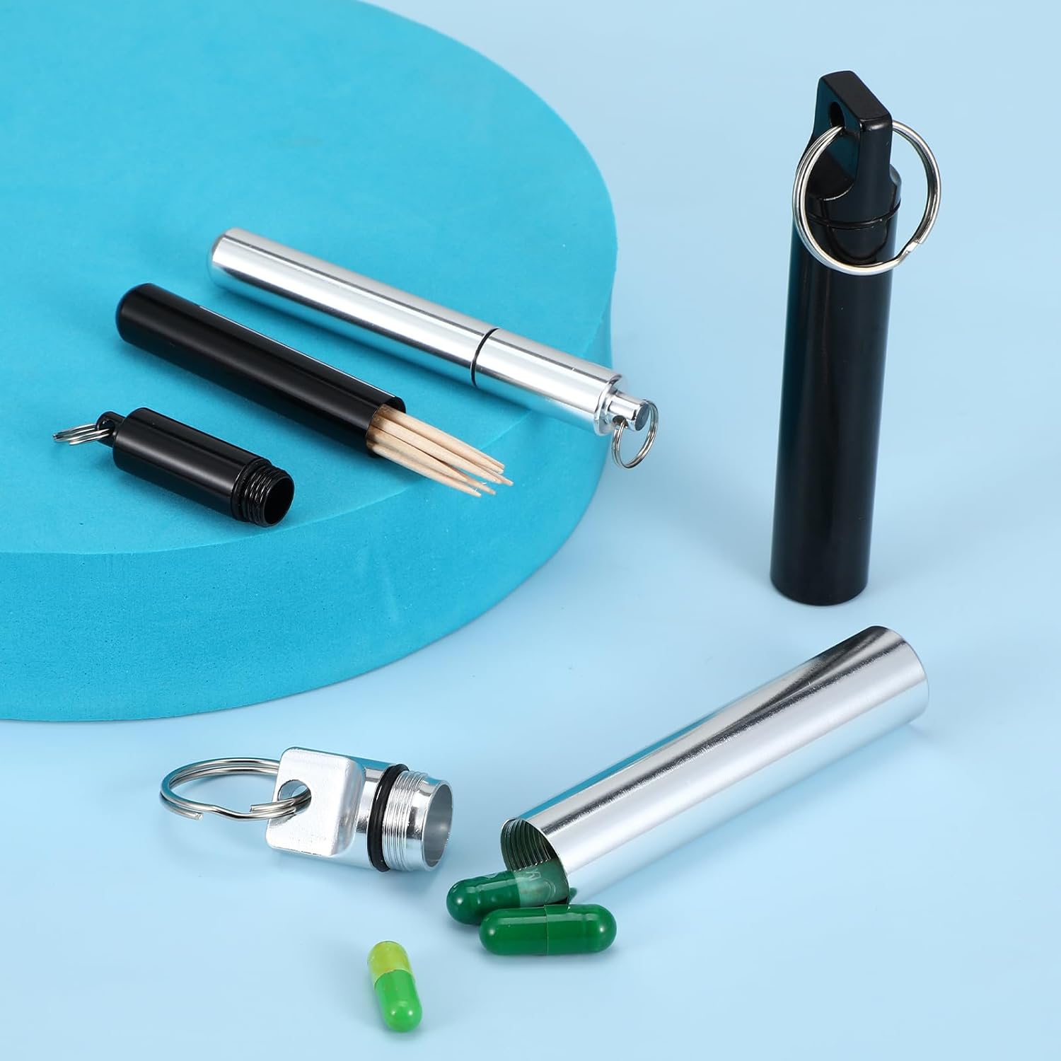 4PCS Metal Toothpick Holder Small Pills Cases For Purse Portable Dental Pick Holder Travel Pills Box Toothpick Dispenser Aluminum Alloy Pocket Toothpick Cases With Keychain For Outdoor Picnic - Image 5