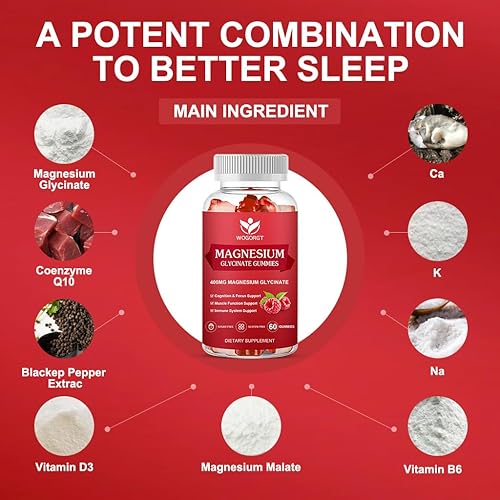 Miniatura 3 de Gomitas de glicinato de magnesio, 400 mg de glicinato de magnesio con vitamina D, B6 y CoQ10, suplemento de magnesio para relajación y cognición,