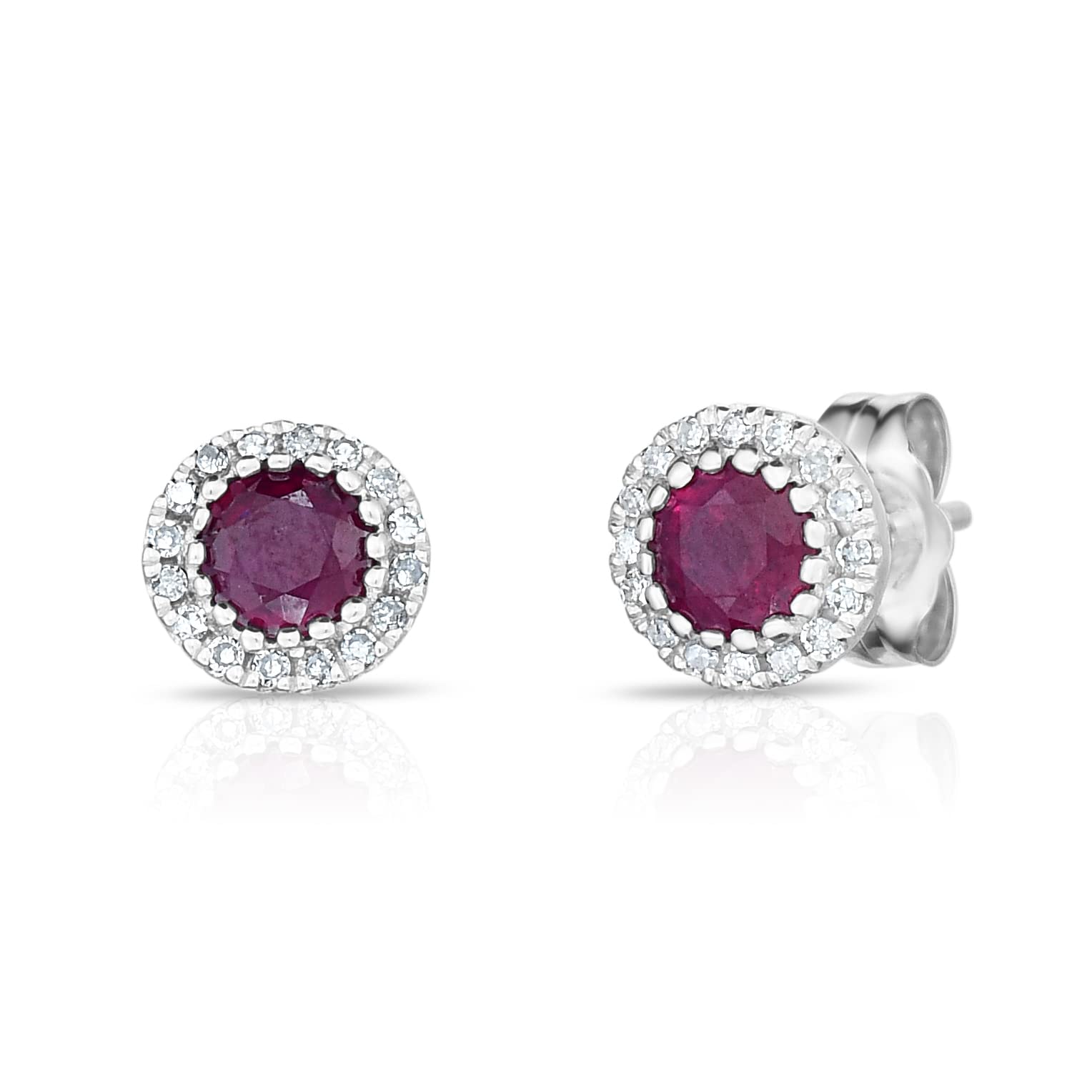 KOKAV 14K White Gold Genuine Ruby, Sapphire, Emerald with Diamond Halo Stud Earrings