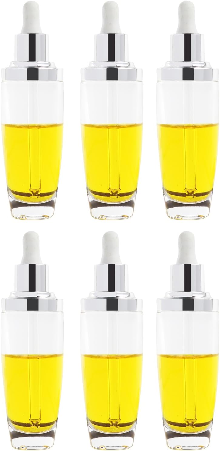 50ml Clear Straight-Shouldered U-Shaped Glass Bottle with an 18/415 Threaded Glass Dropper; Suitable for Essential Oils and Leak-Proof Travel Bottles; Set of 6 (Silver)
