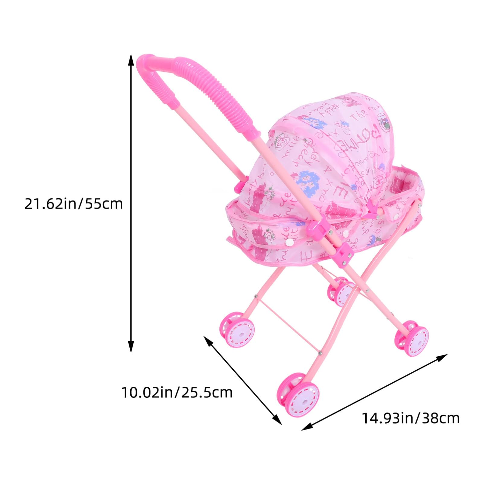 Foldable Baby Doll Stroller with Canopy, Pink Metal Pushchair for Girls Pretend Play, Portable Toy Pram for Multiple Dolls, 21.65 X 15 X 10 Inches
