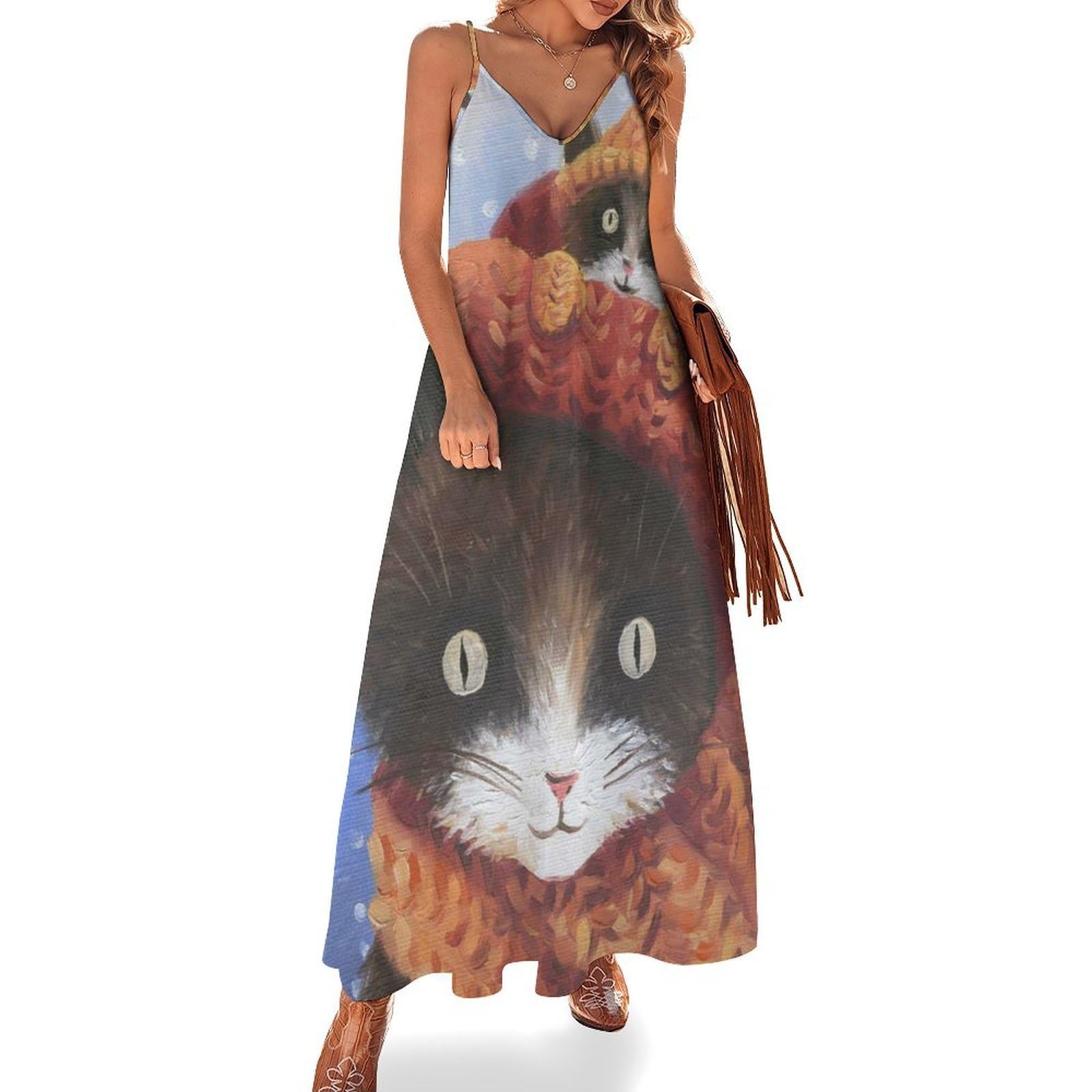 Robe longue chat mignon pour flânerie d'été et plage - 7