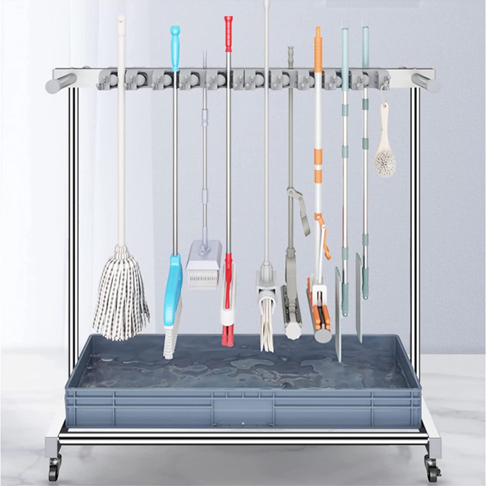 Utility Rack For Mops And Brooms,Cleaning Supplies Organizer,Cleaning Cart,Movable Commercial Mop Broom Holder,Cleaning Supplies Organizer,Housekeeping Cart,Mop Drain Rack,Wit(Grey-10 Slots)