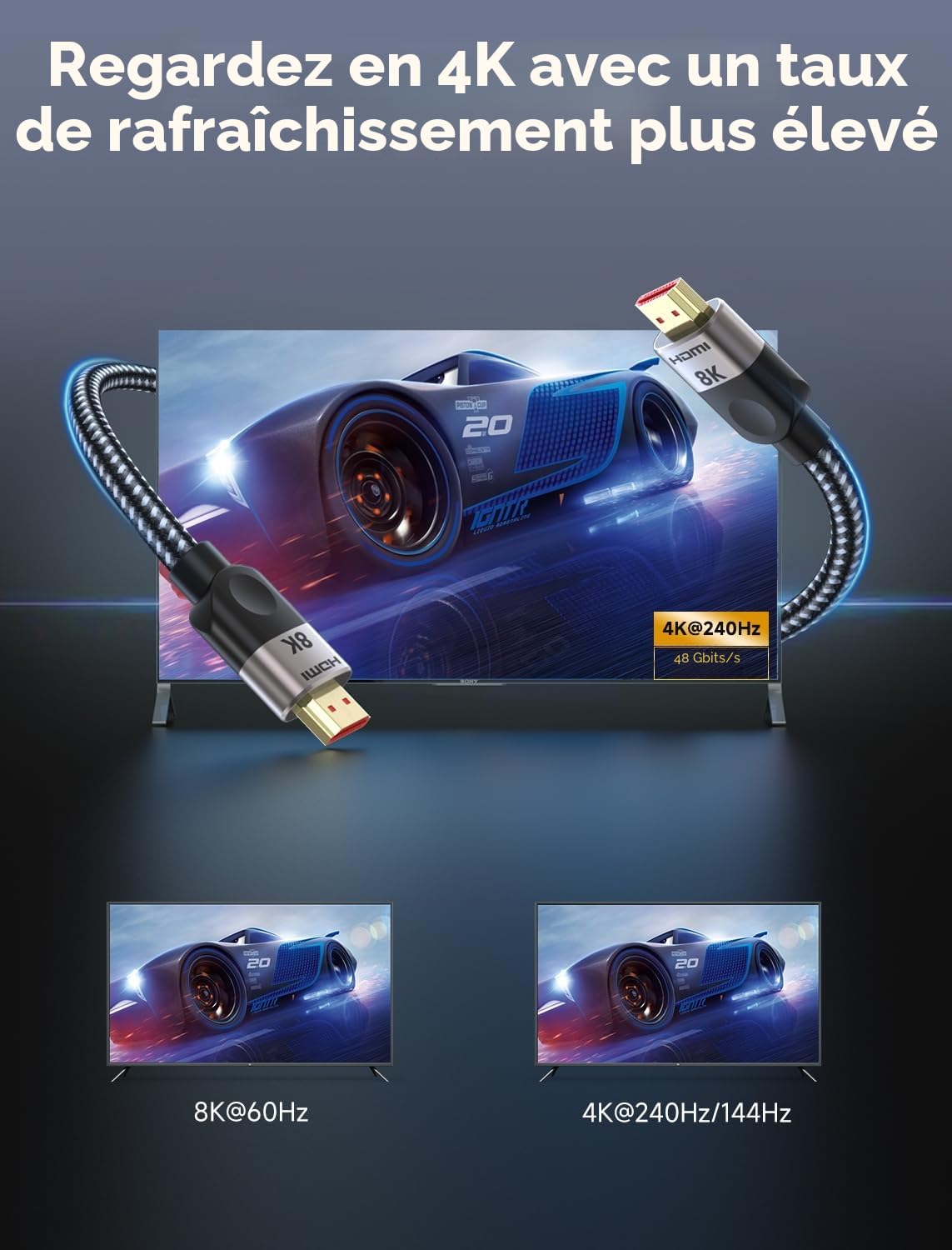Southlight 10K 8K Câble HDMI 2.1 3M, 8K 60Hz 4K 120Hz 48Gbps Ultra Haut Débit HDR10+ ARC eARC HDCP 2.3 Compatible avec Netflix Roku TV PS5 4 Xbox PC Monitor Projecteur