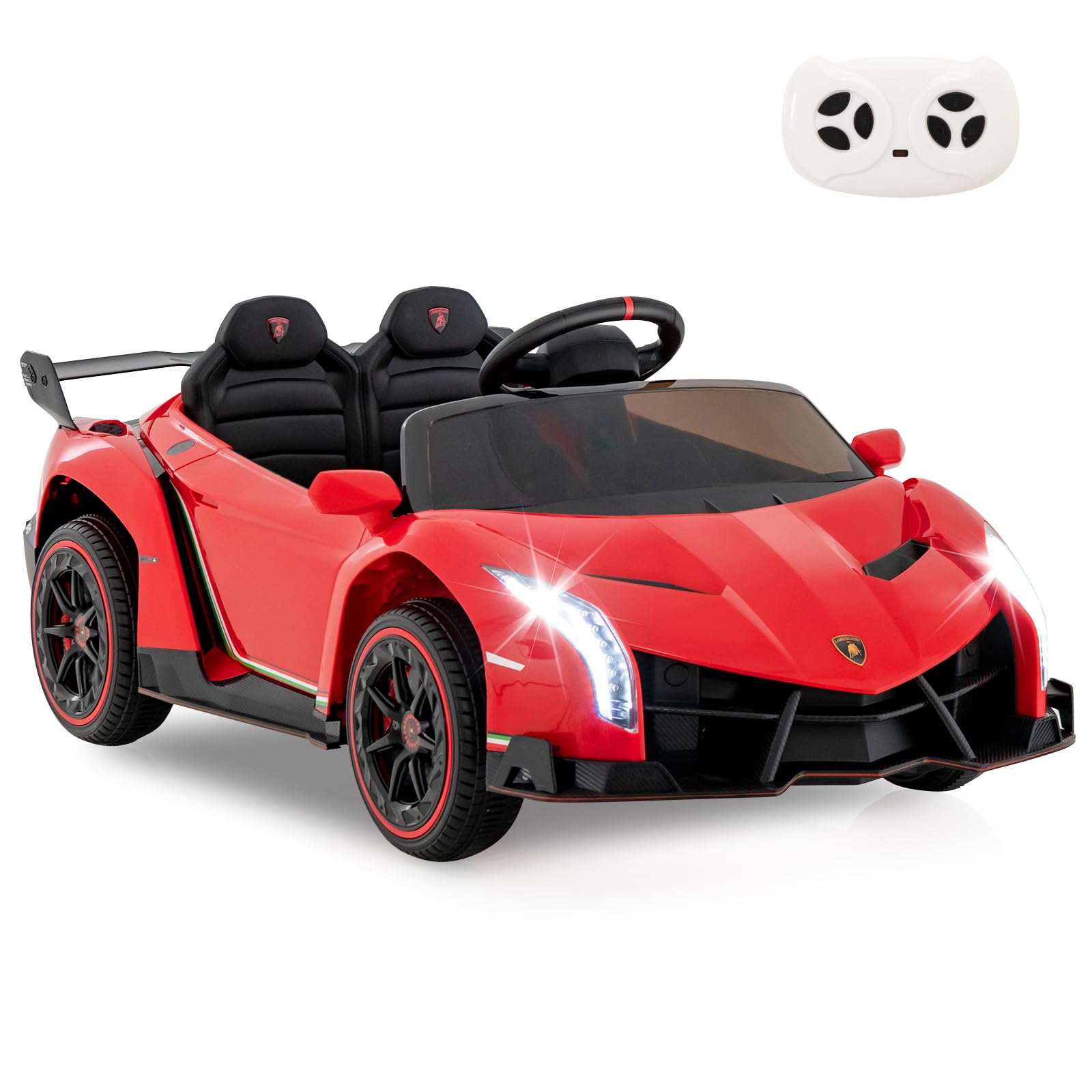GYMAXKids Ride on Car, 12V Battery Powered Licensed Lamborghini Car with Remote Control, Music, 3 Speeds, AUX/USB & Safety Belt, Children Electric Vehicle for 3-8 Years Old (Red)