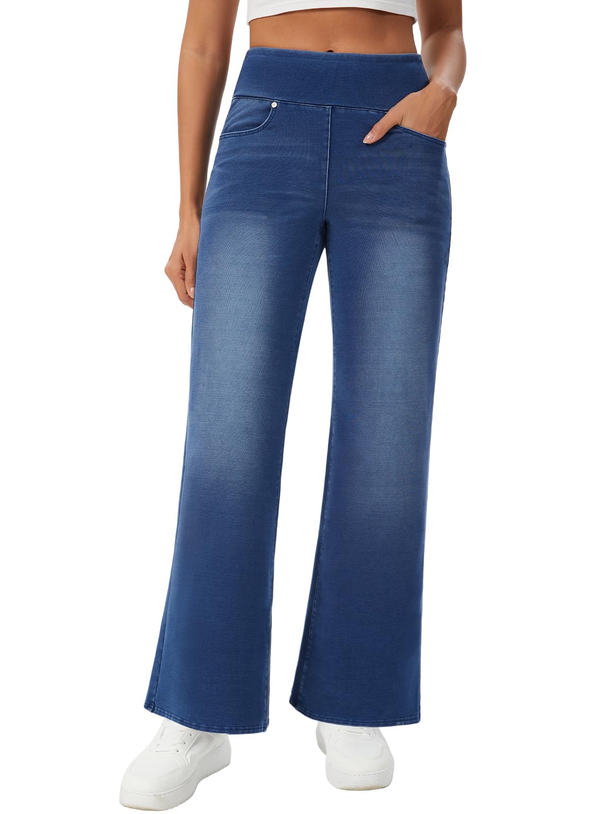 Amzdora Women’s High Waisted Jeans Pants Stretchy Pull On Bootcut Pants with Pockets Soft Wide Leg Casual Everyday Trousers