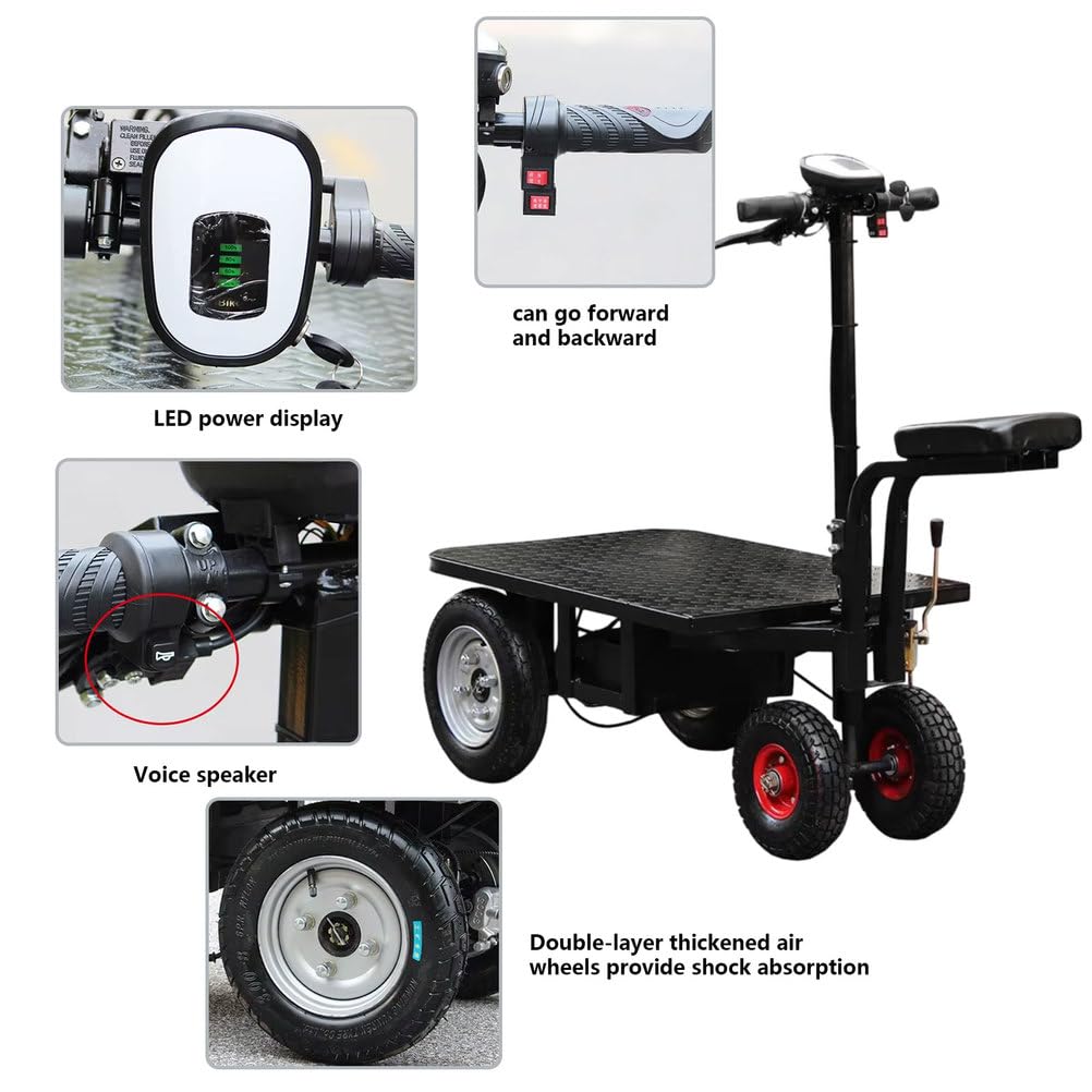 Carrello elettrico per camion con piattaforma, carrello mobile resistente con ruote e sedile per trasporto bagagli e carichi, design piatto per un facile carico e manovrabilità