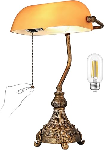 Newrays Lámpara de escritorio vintage de cristal ámbar para oficina en casa, biblioteca con interruptor de cadena de tracción, bombilla LED incluida