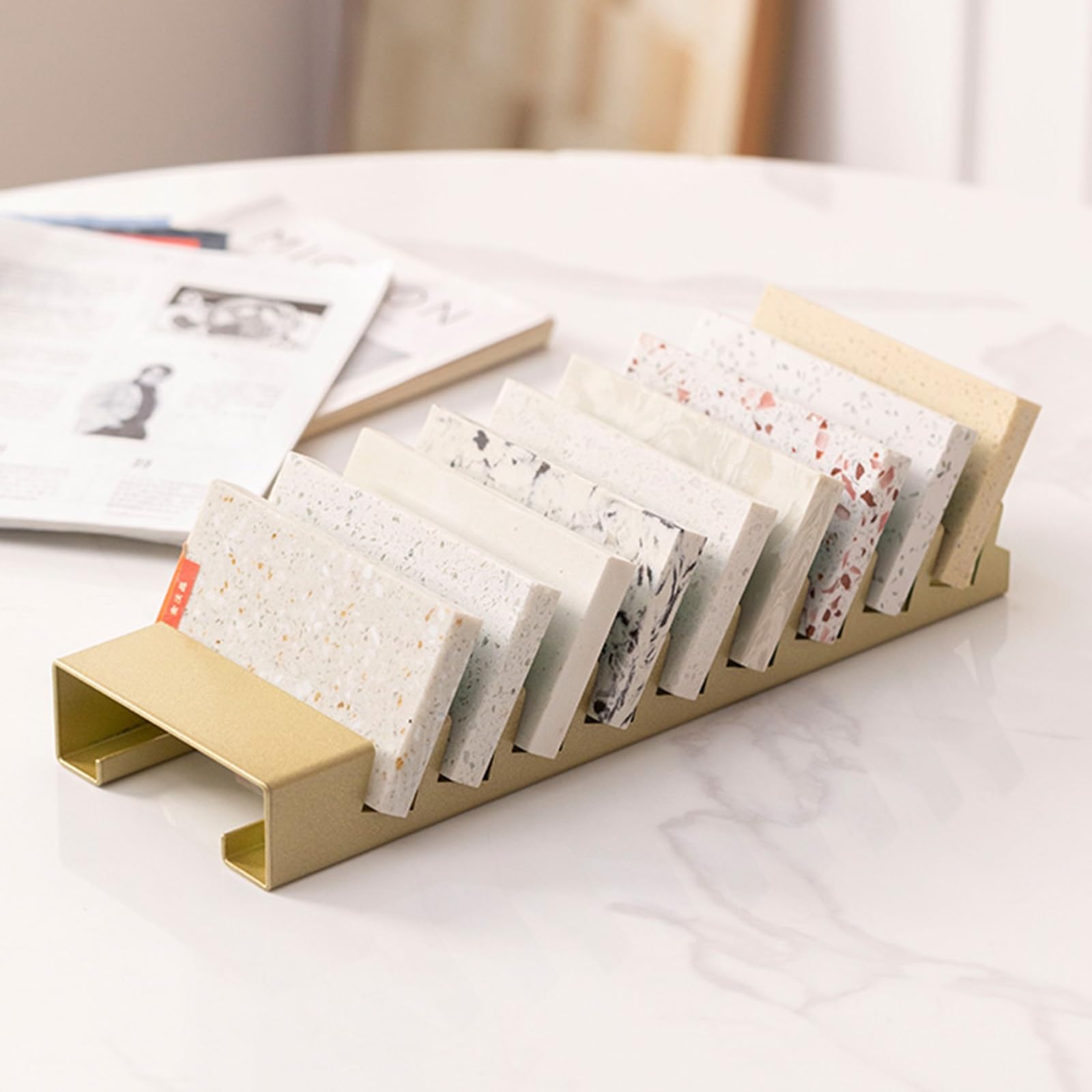 HXFAAFXH Display Stand for Tiles Sample,Plate Display Tile Sample Storage Rack,Wooden Floor Sample Holder and Standing Slotted Flooring Display Shelf in Exhibition Halls(Gold,36X13X4.5CM)