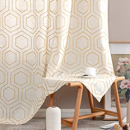 Yellow Window Curtains Honeycomb Embroidered Design Linen Textured Living Room Curtain Drapes Bedroom