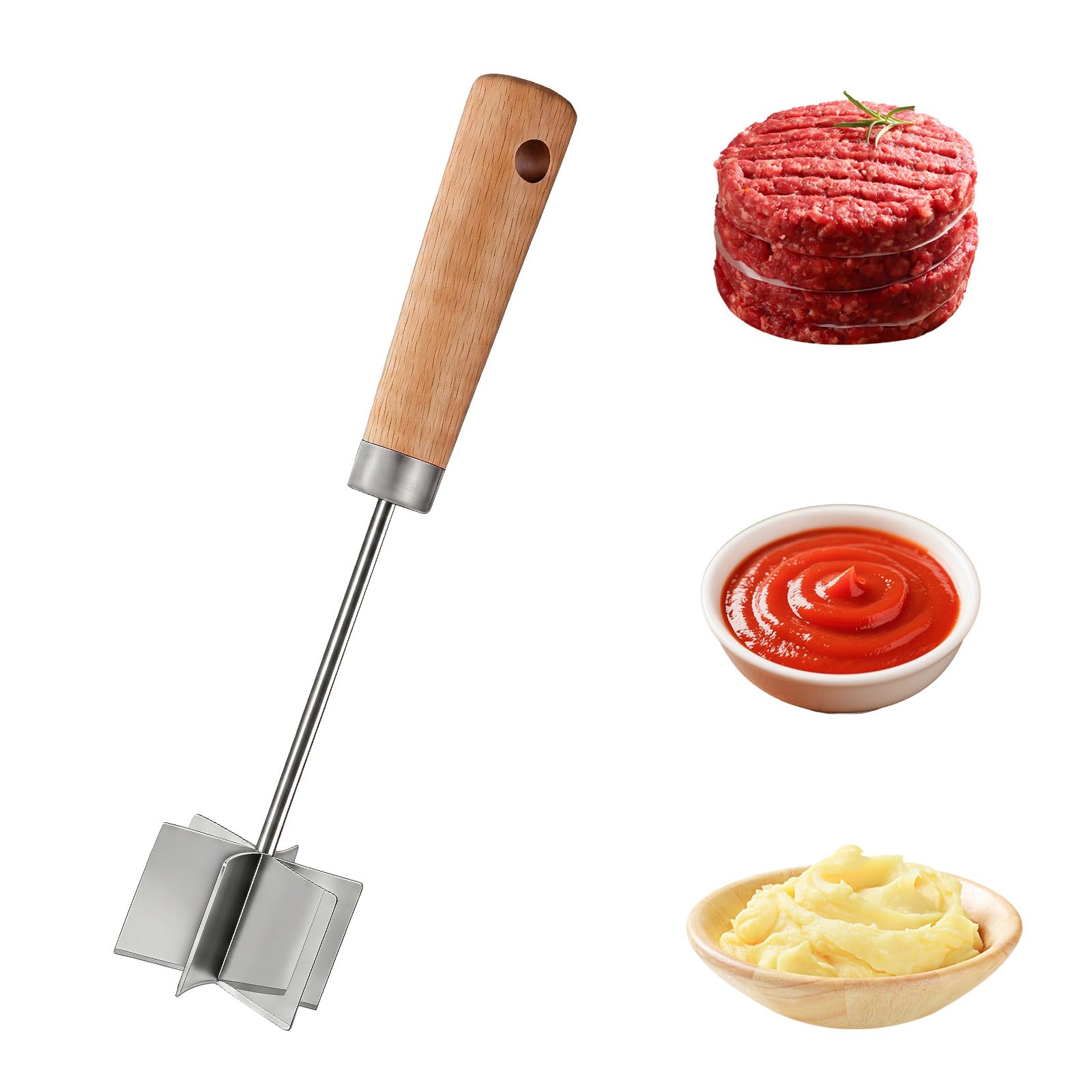 Stainless Steel Meat Chopper, 27 cm Mince Masher with Wooden Handle, 6-Blade Metal Ground Beef Masher Tool, Heat Resistant Potato Masher, Multi-Use Meat Mincer Tool for Vegetables Fruits