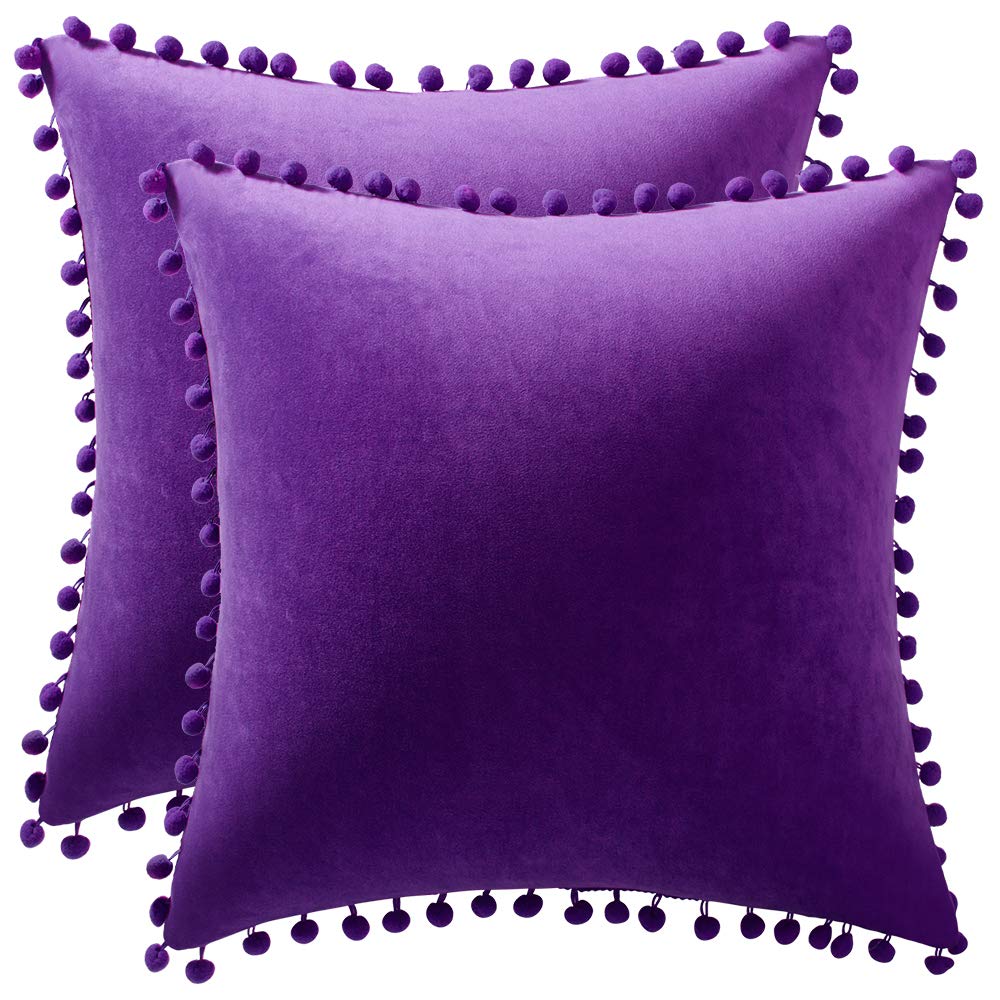DEZENE 18x18 Throw Pillow Cases Purple: 2 Pack Cozy Soft Pom-poms Velvet Square Decorative Pillow Covers for Farmhouse Home Decor