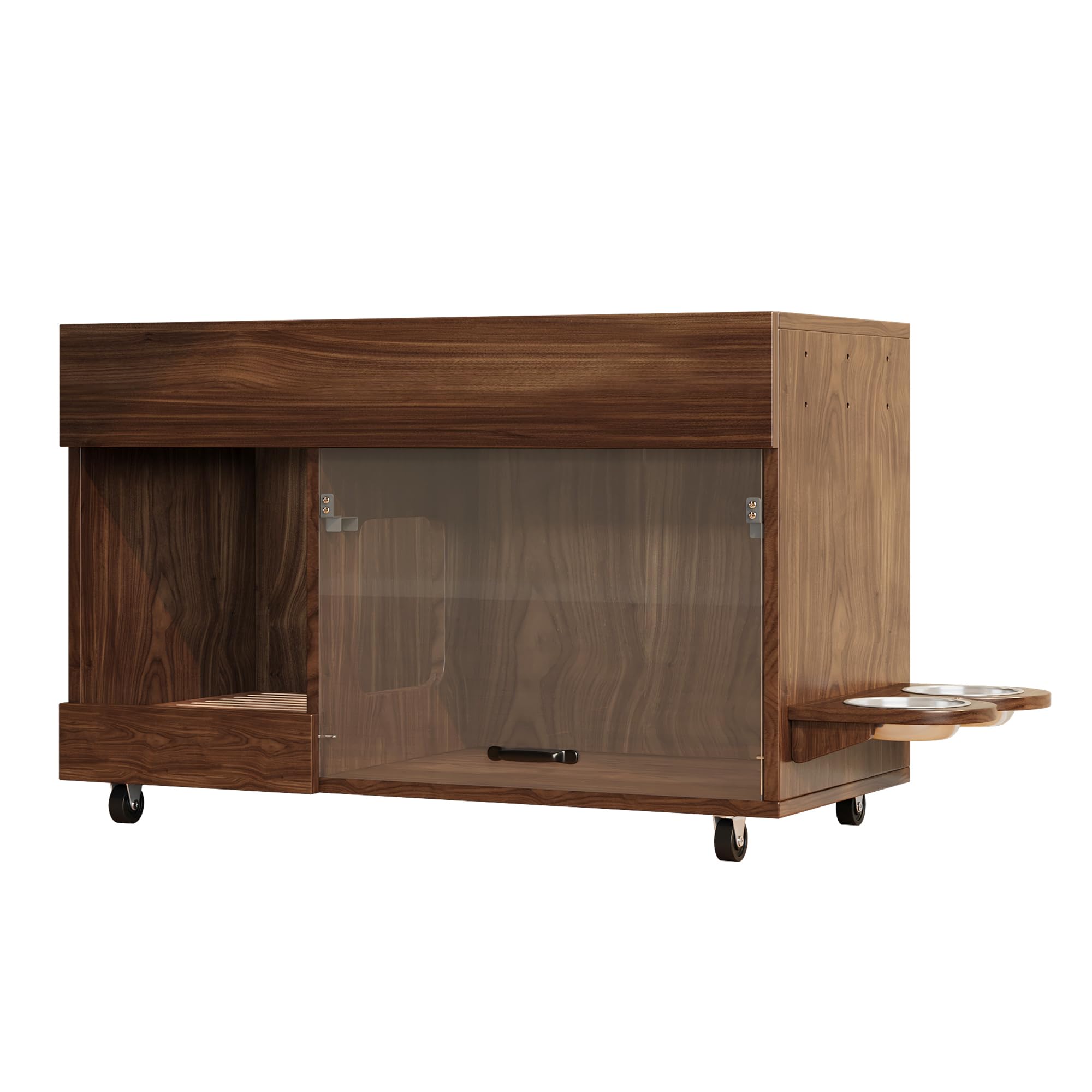 Katzenklo-Schrank, Bewegbar mit Sandauffangschale & Futterstation, Katzentoilettenschrank mit Lochplatte & Aufbewahrungsregal für Katzenzubehör, 100x45.5x67cm Nussbaum
