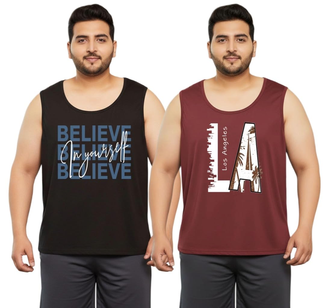 Pack of 2 Maroon Black Mens Cotton Graphic Printed Plus Size Vest-image-15