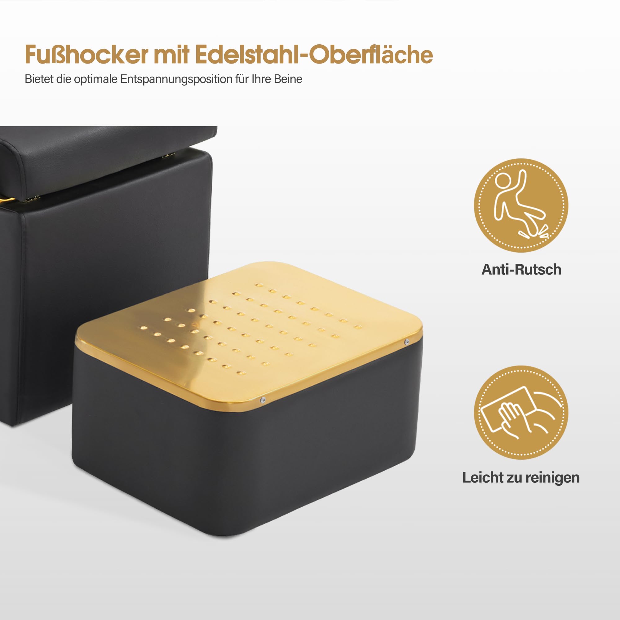 Barberpub Friseurstuhl mit Waschbecken, Friseurwaschbecken aus Keramik Verstellbar, Rückwärtswaschsessel mit Fußhocker, Friseurwaschsessel für SPA Salon, Waschplatz Retro 8037 (Gold-Schwarz/PVC)