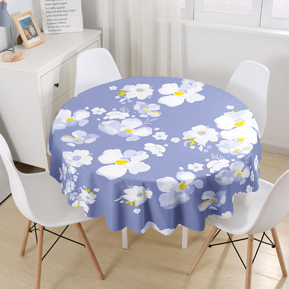 Chickw1 Nappe Ronde En Polyester Anti Tache Impermeable, Nappe Motif Floral Aquarelle 3D, Entretien Facile Lavable Pour Table à Manger De Cuisine/Jardin /Pique-Nique (Fleur Bleue 1,100cm