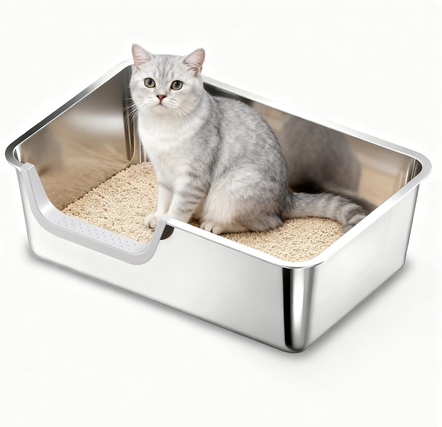 Stainless Steel Litter Box with High Sides,Metal Litter Box with Low Entry for Kittens & Senior Cats,Large Cat Litter Boxes,19.6" L X 13.7" W X 5.9" H,Non-Sticky,Easy to Clean (Left Entry)