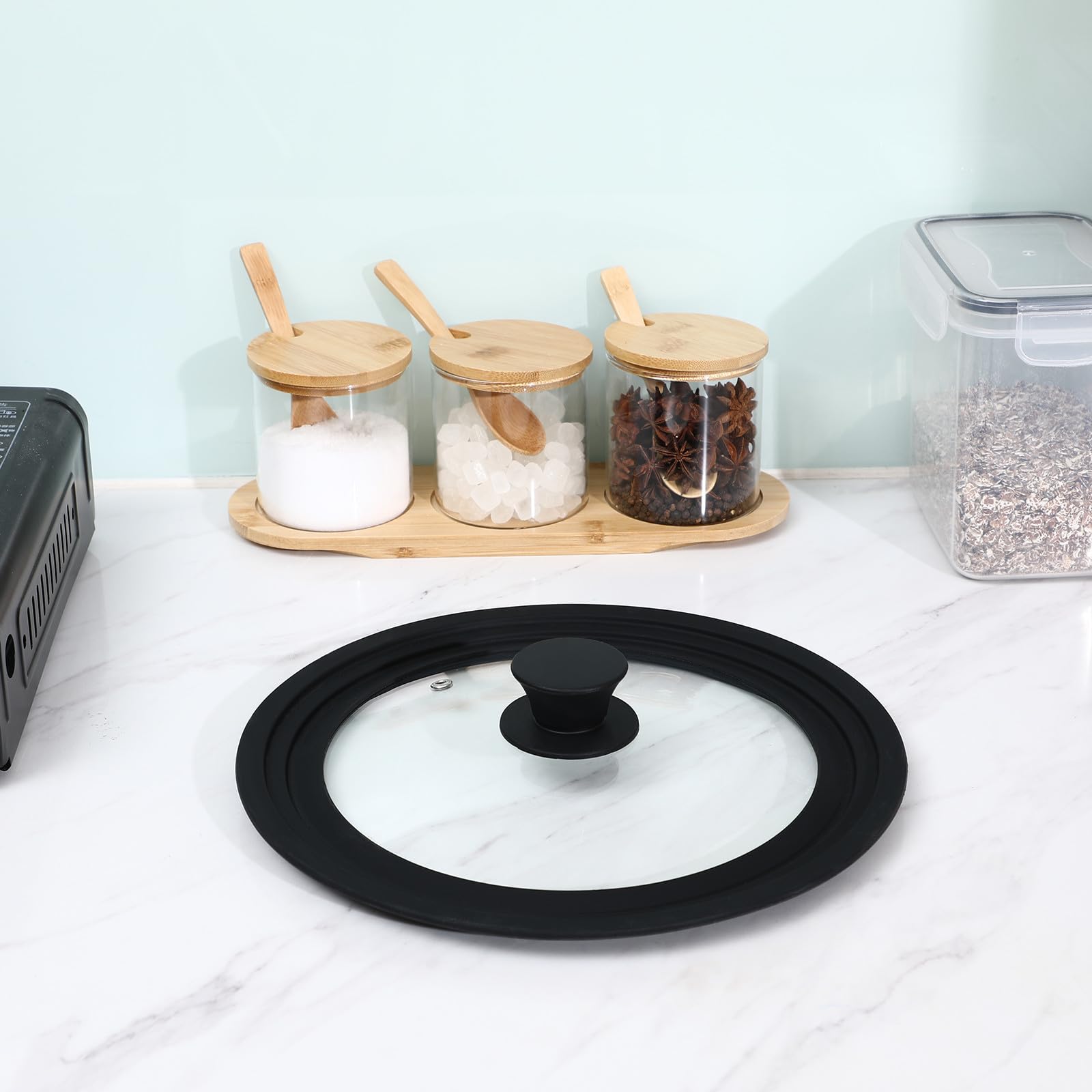 OUNONA Coperchio Nero in Vetro Temperato per Pentola e Padella in Silicone Rotondo, Facile da Pulire, Adatto per Pentole da 22-26 Cm