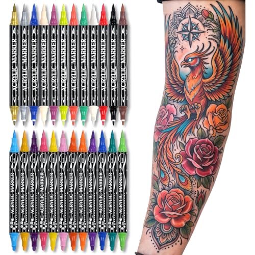 IJIANG Temporary Tattoo Markers for Skin 24-Count Colors Dual-End Acrylic Body Markers Pens Skin-Safe Waterproof Tattoo Pen Kit Quick Dry & Long Lasting Face Painting Kit for Adults Teens Kids