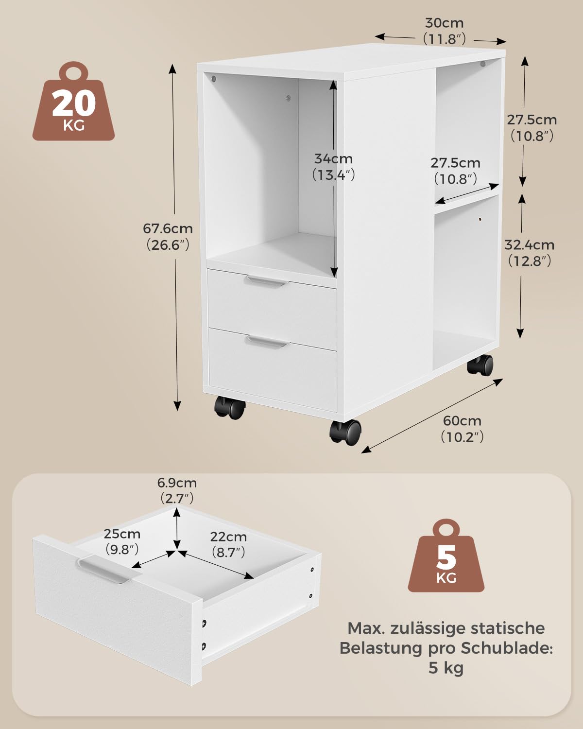 Rollcontainer Aktenschrank, Büro Schubladenschrank Untertisch, Weiß